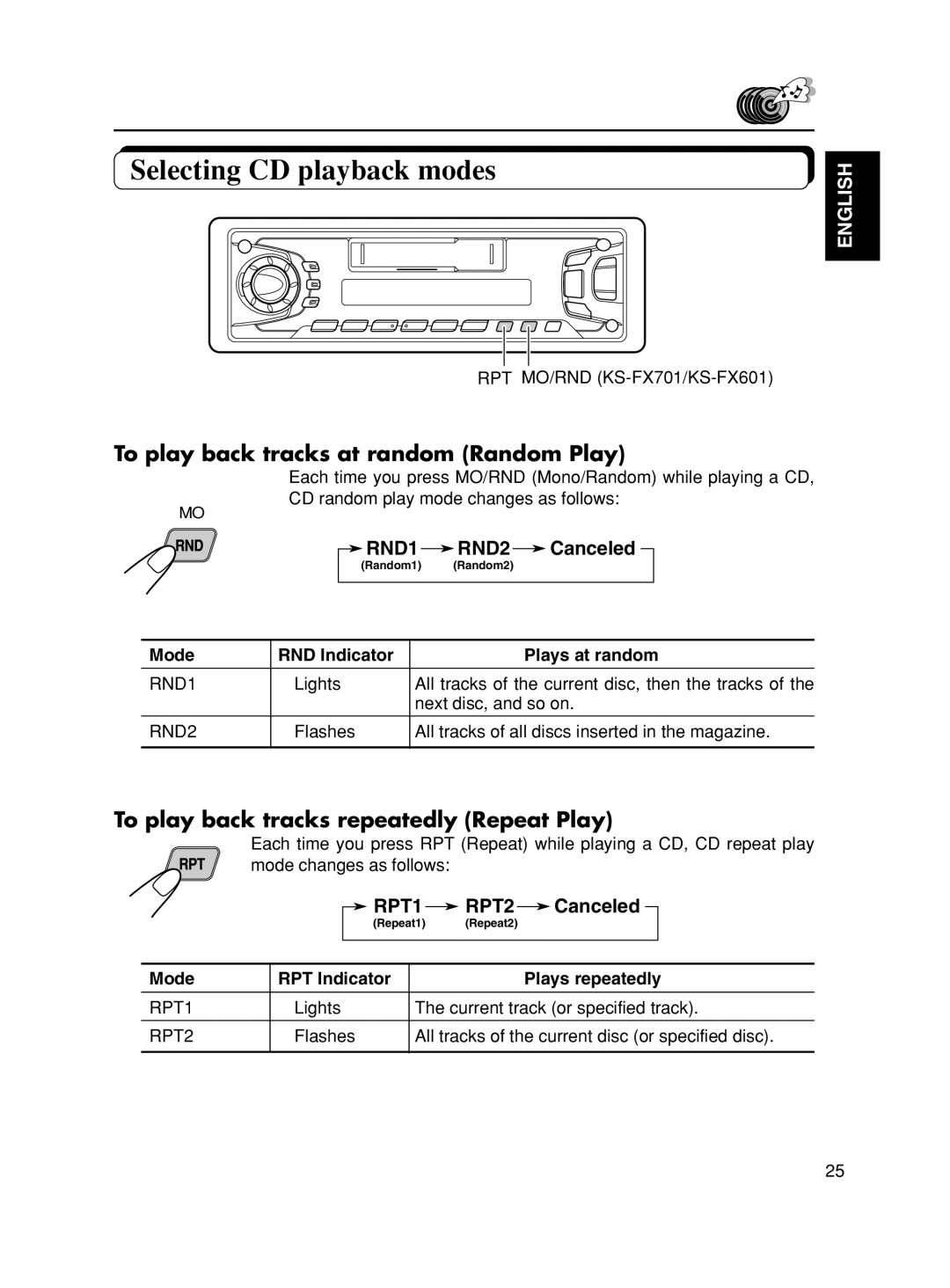 JVC KS-FX701 manual Selecting CD playback modes, To play back tracks at random Random Play 