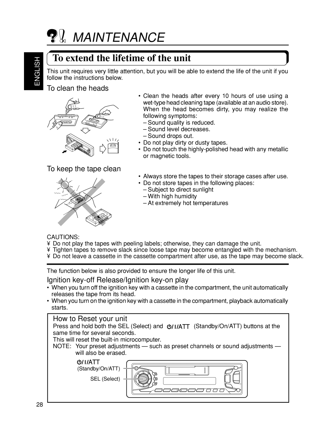 JVC KS-FX701 manual Maintenance, To extend the lifetime of the unit 