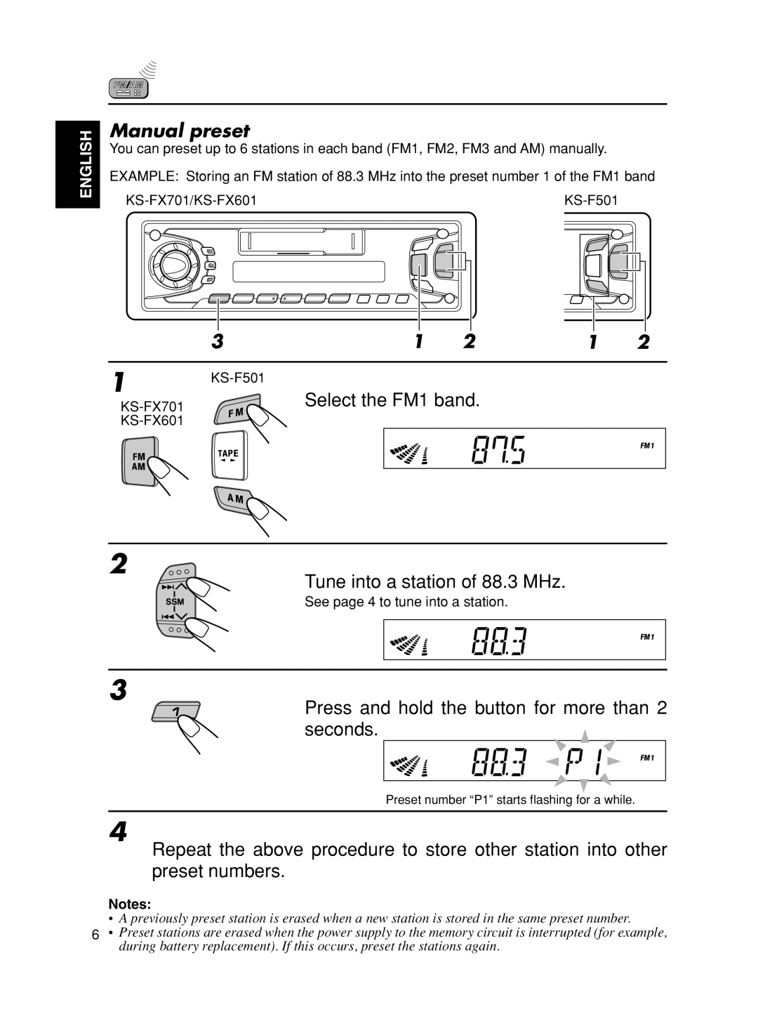 JVC KS-FX701 manual Manual preset, Select the FM1 band, Tune into a station of 88.3 MHz 