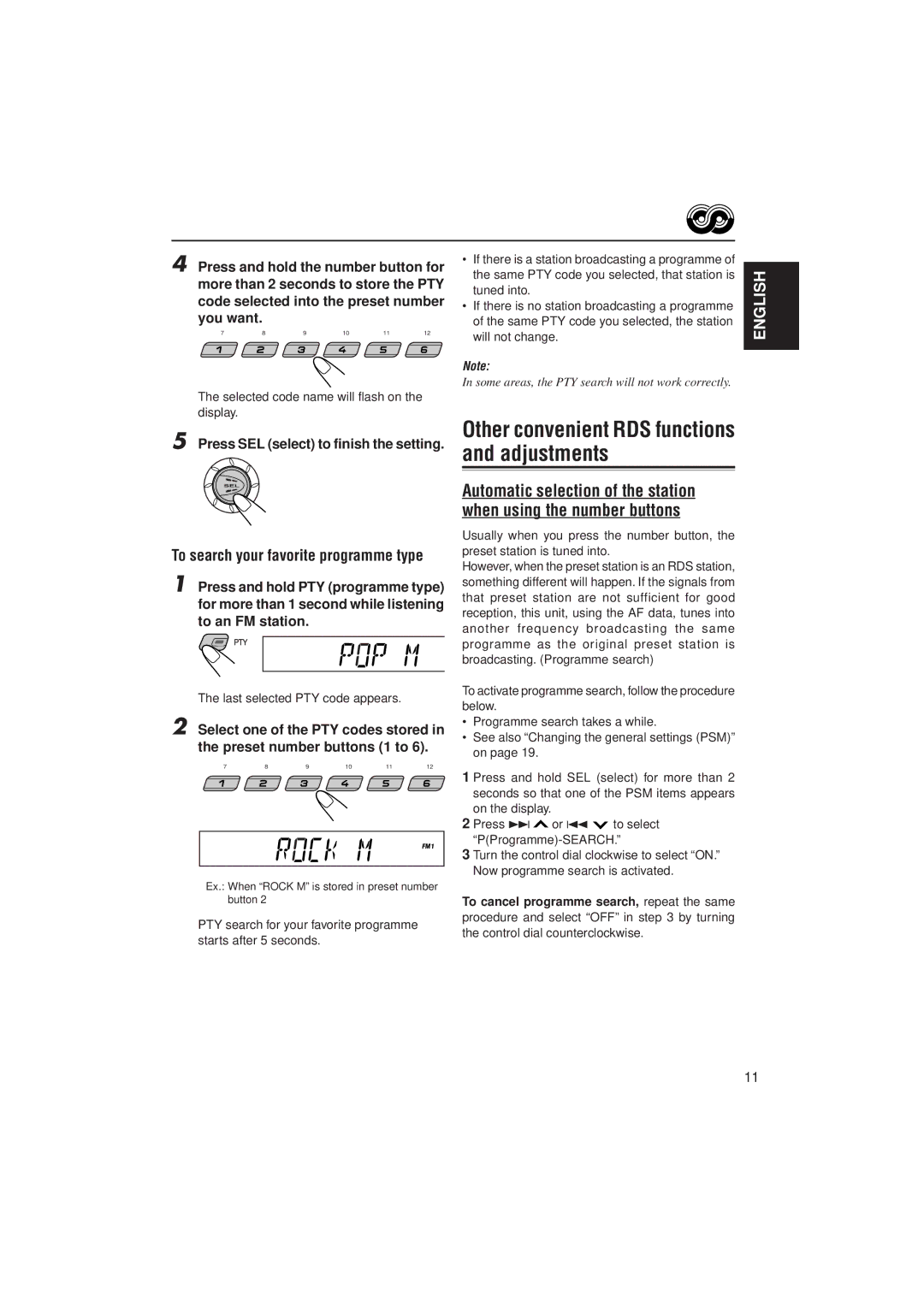 JVC KS-FX722R manual Selected code name will flash on the display, Last selected PTY code appears 