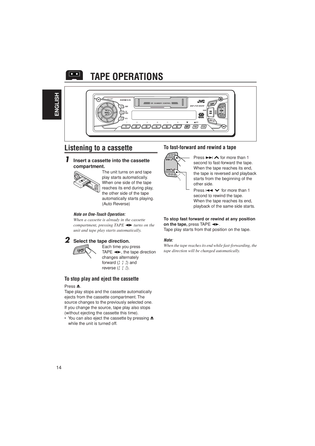 JVC KS-FX722R manual Tape Operations, Listening to a cassette, To stop play and eject the cassette 