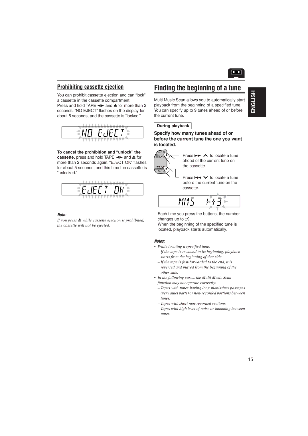 JVC KS-FX722R manual Prohibiting cassette ejection, To cancel the prohibition and unlock, During playback 