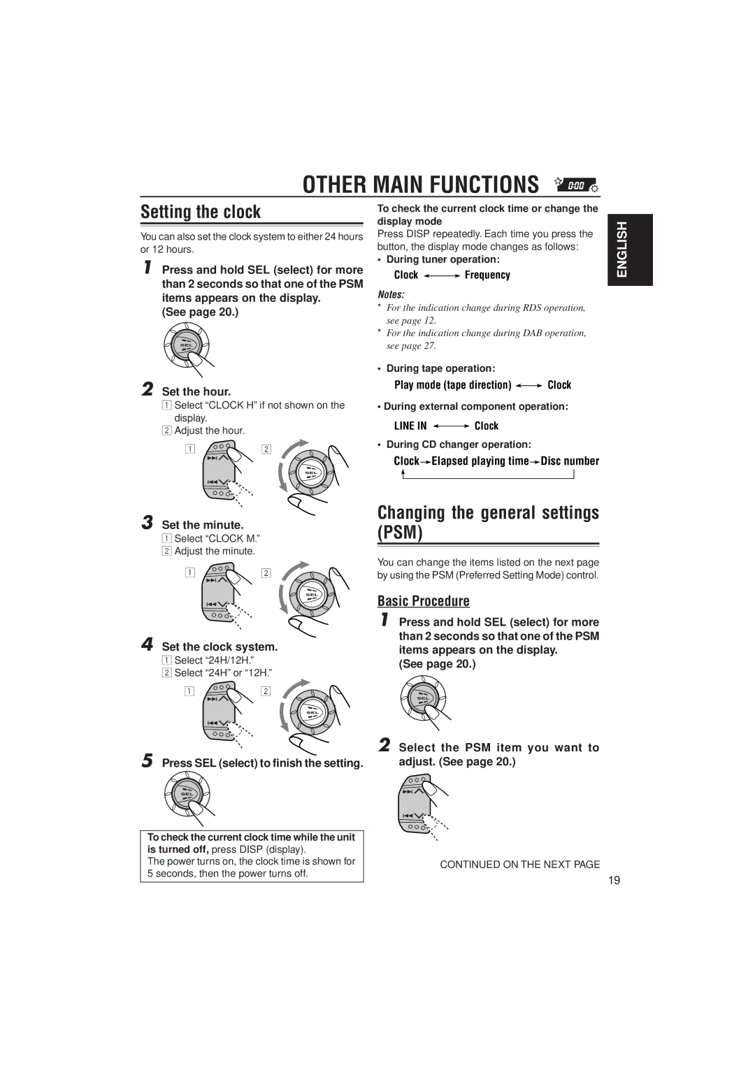 JVC KS-FX722R manual Other Main Functions, Setting the clock, Changing the general settings PSM, Basic Procedure 