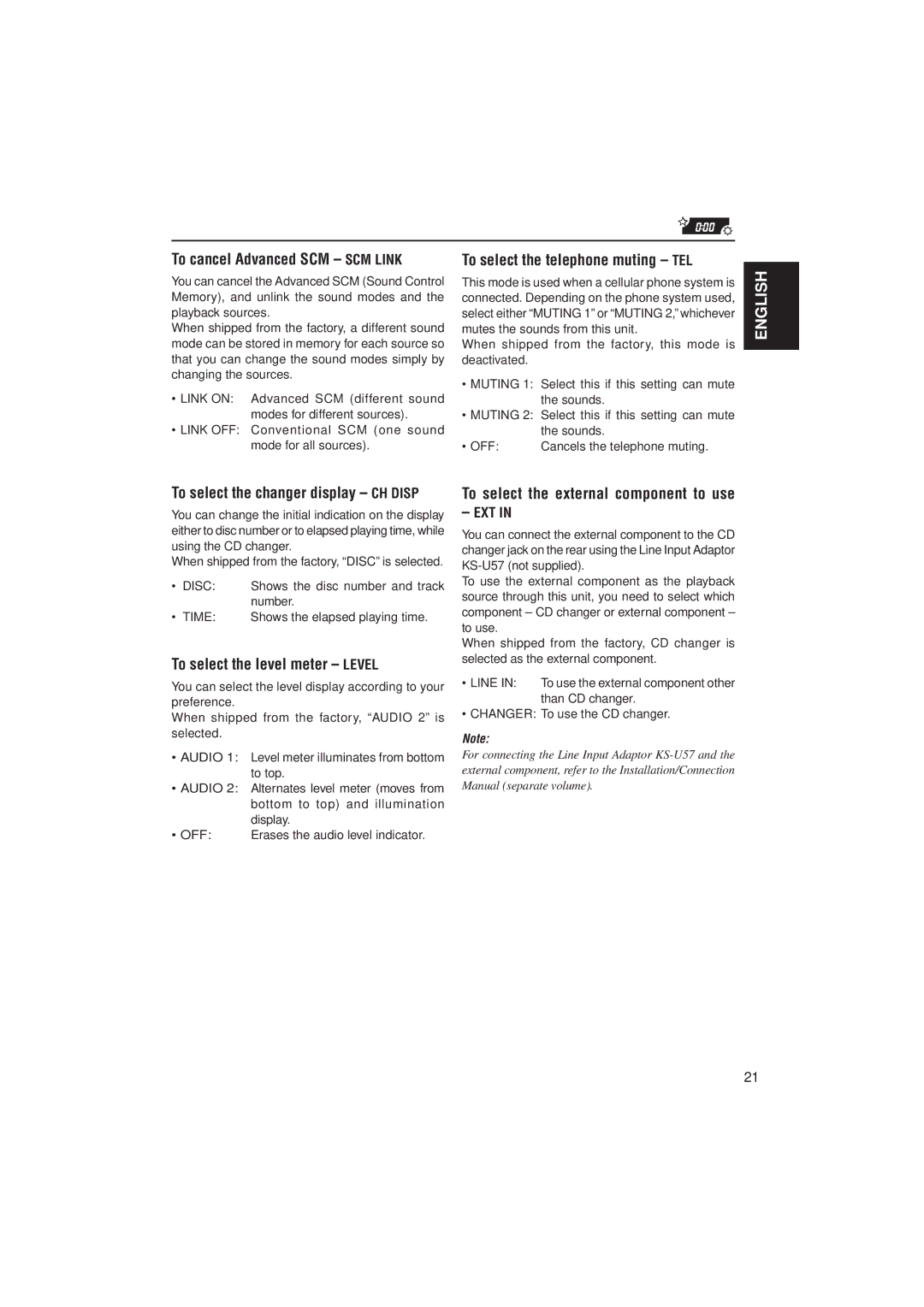 JVC KS-FX722R To cancel Advanced SCM SCM Link, To select the telephone muting TEL, To select the changer display CH Disp 