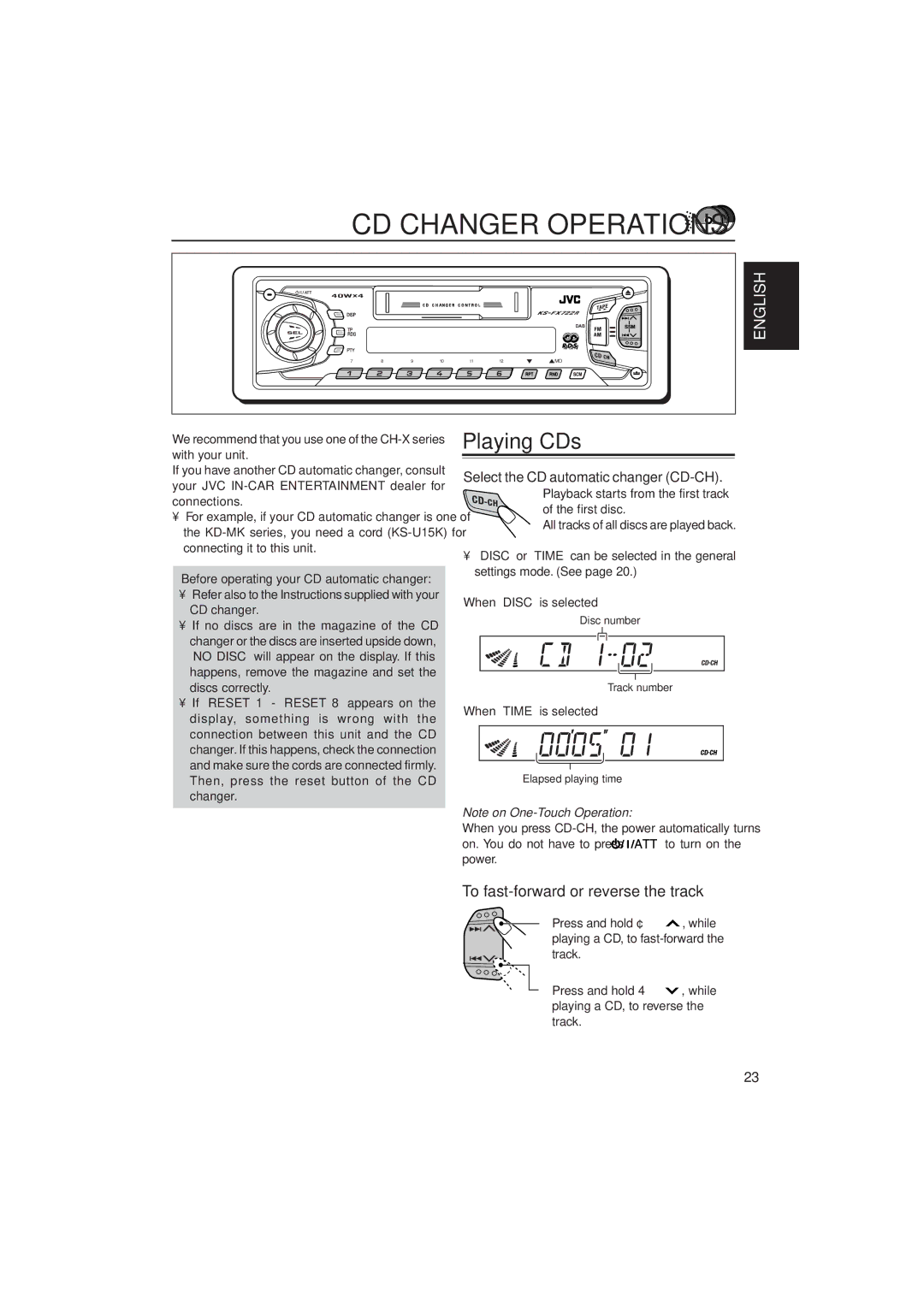 JVC KS-FX722R manual CD Changer Operations, Playing CDs, To fast-forward or reverse the track 