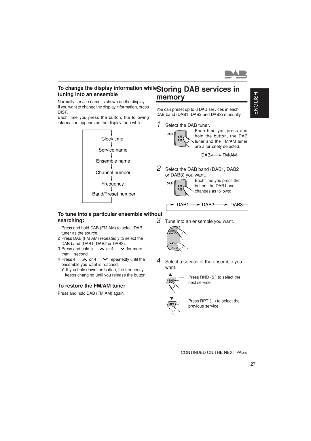 JVC KS-FX722R manual Storing DAB services in memory, To tune into a particular ensemble without searching 