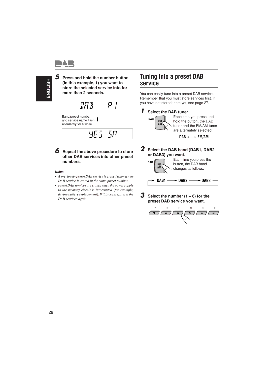 JVC KS-FX722R manual Tuning into a preset DAB service, Press and hold the number button, This example, 1 you want to 