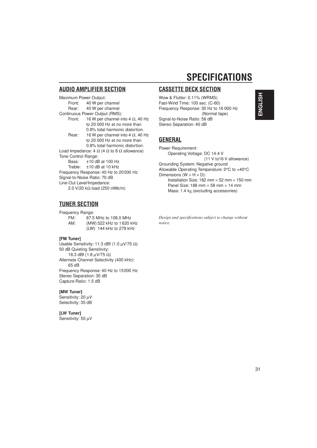 JVC KS-FX722R manual Specifications, FM Tuner, MW Tuner, LW Tuner 