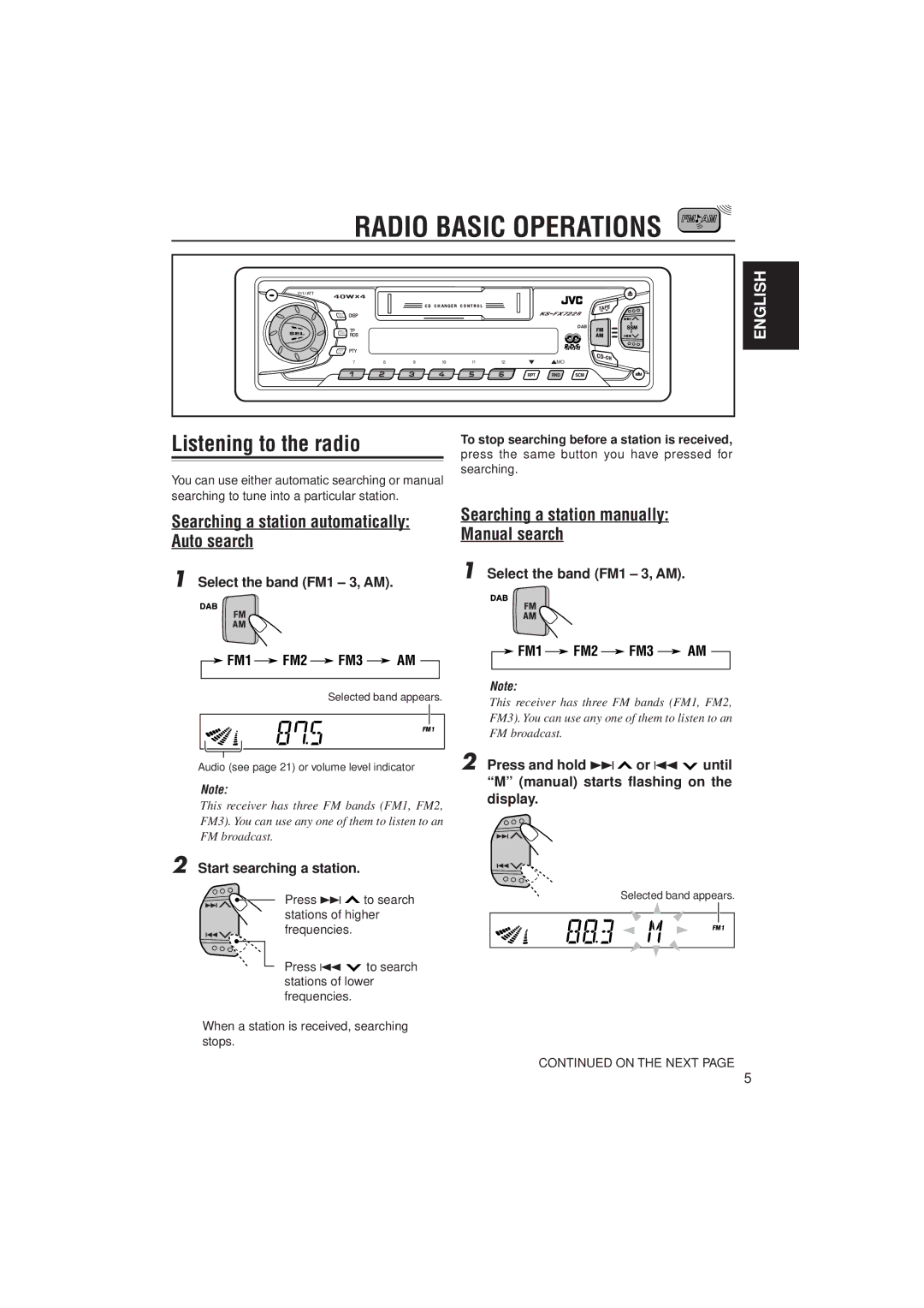 JVC KS-FX722R manual Radio Basic Operations, Listening to the radio, Searching a station automatically Auto search 