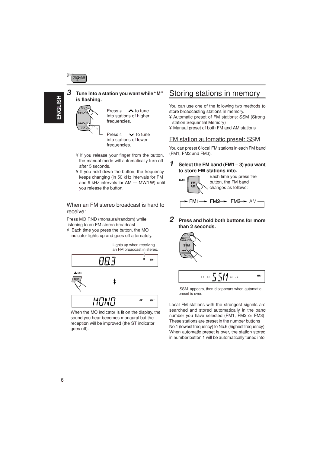 JVC KS-FX722R manual Storing stations in memory, FM station automatic preset SSM, Receive 