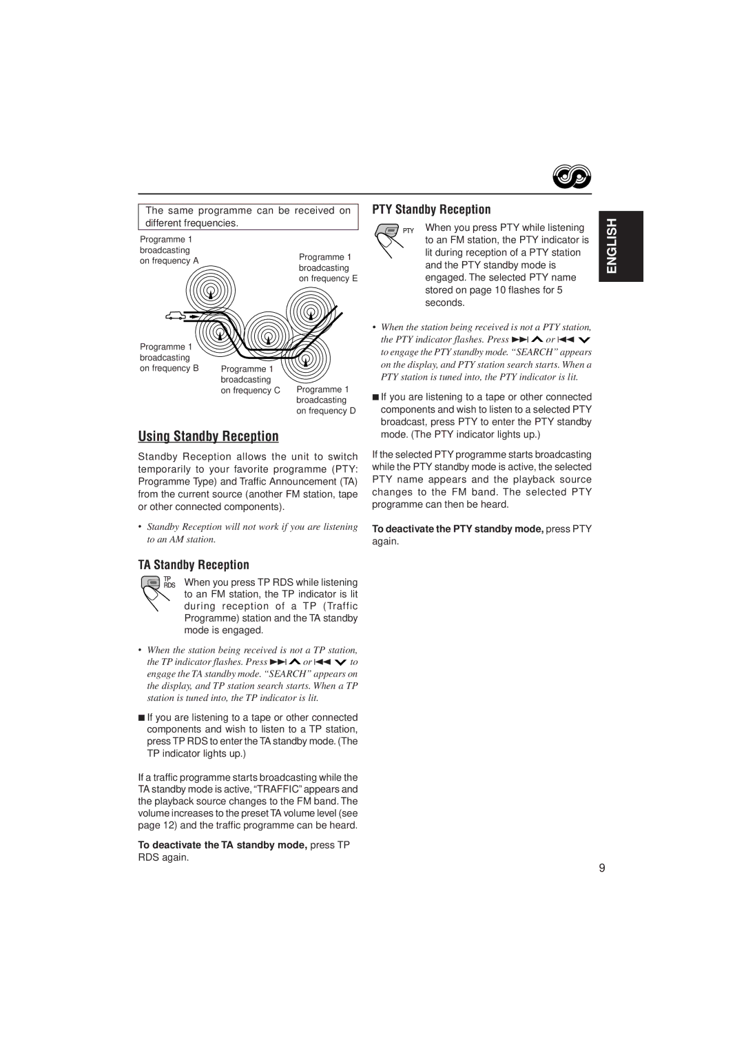 JVC KS-FX722R manual Using Standby Reception, PTY Standby Reception, TA Standby Reception 