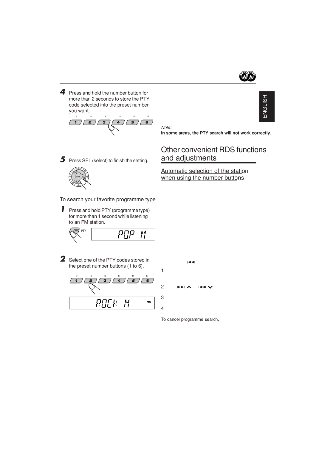 JVC KS-F525, KS-FX725R manual Selected code name will flash on Display, Last selected PTY code appears 