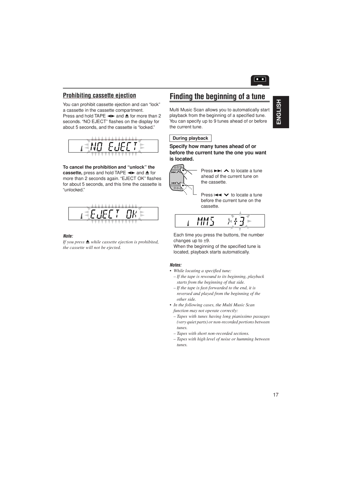 JVC KS-F525, KS-FX725R manual Prohibiting cassette ejection, To cancel the prohibition and unlock, During playback 