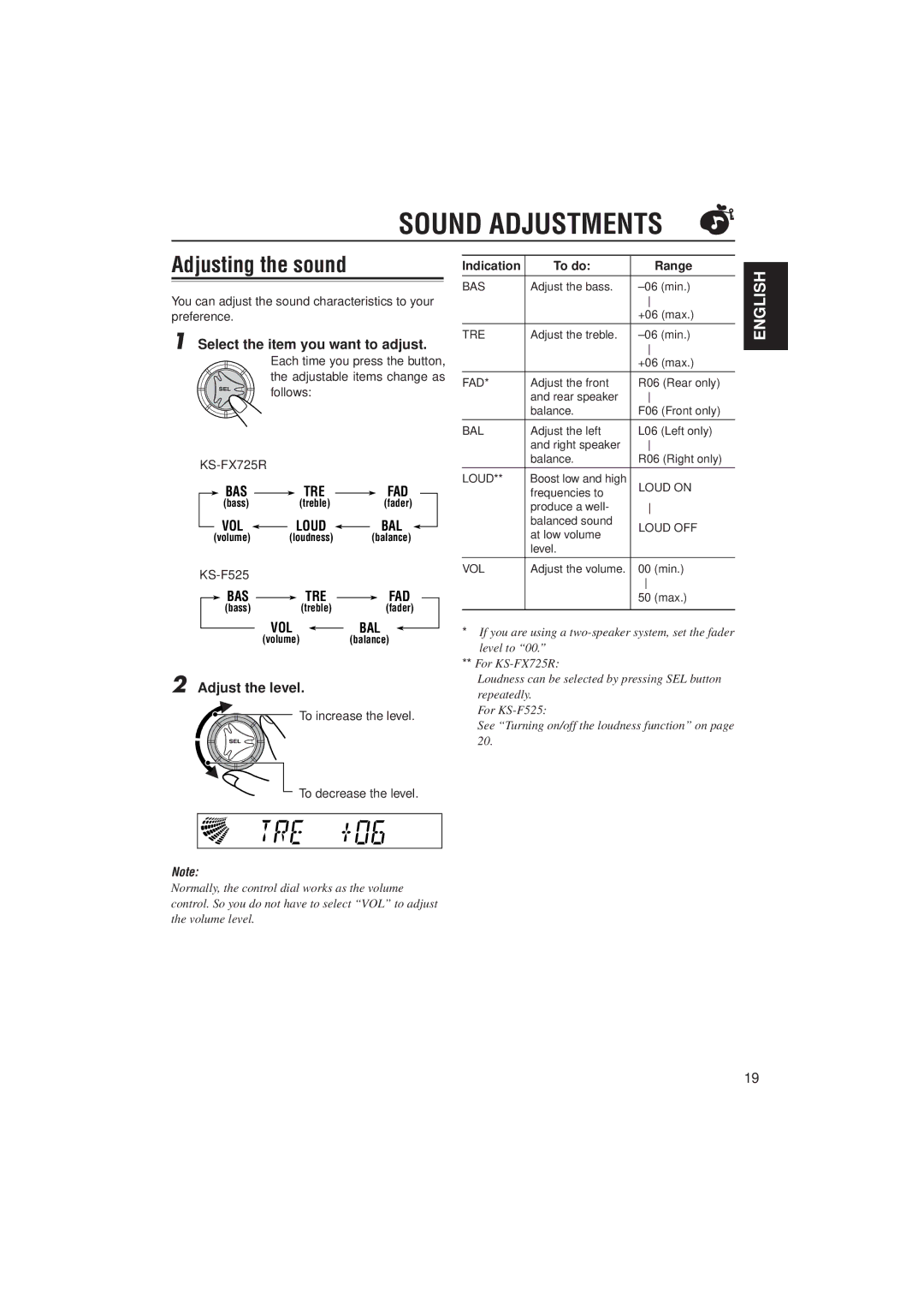 JVC KS-F525, KS-FX725R manual Sound Adjustments, Adjusting the sound, Select the item you want to adjust, Adjust the level 