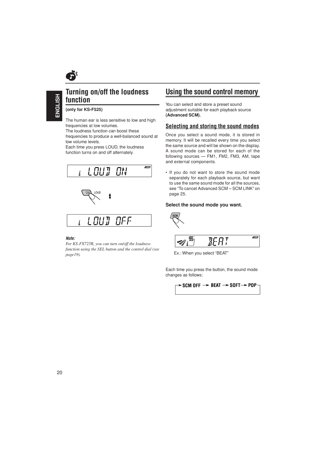 JVC KS-FX725R, KS-F525 manual Function, Selecting and storing the sound modes, Select the sound mode you want, Advanced SCM 