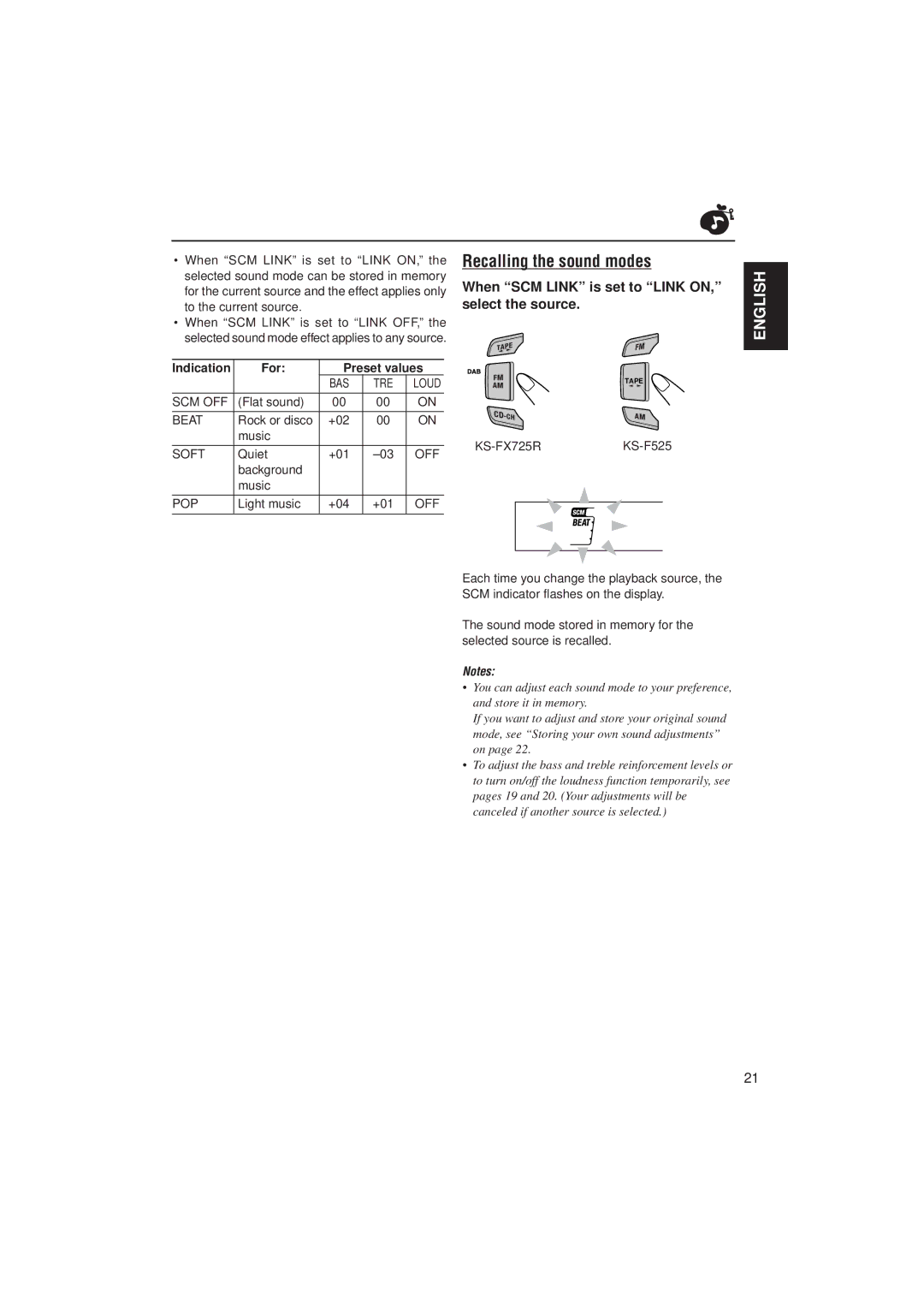 JVC KS-F525 Recalling the sound modes, When SCM Link is set to Link ON, select the source, Indication For Preset values 