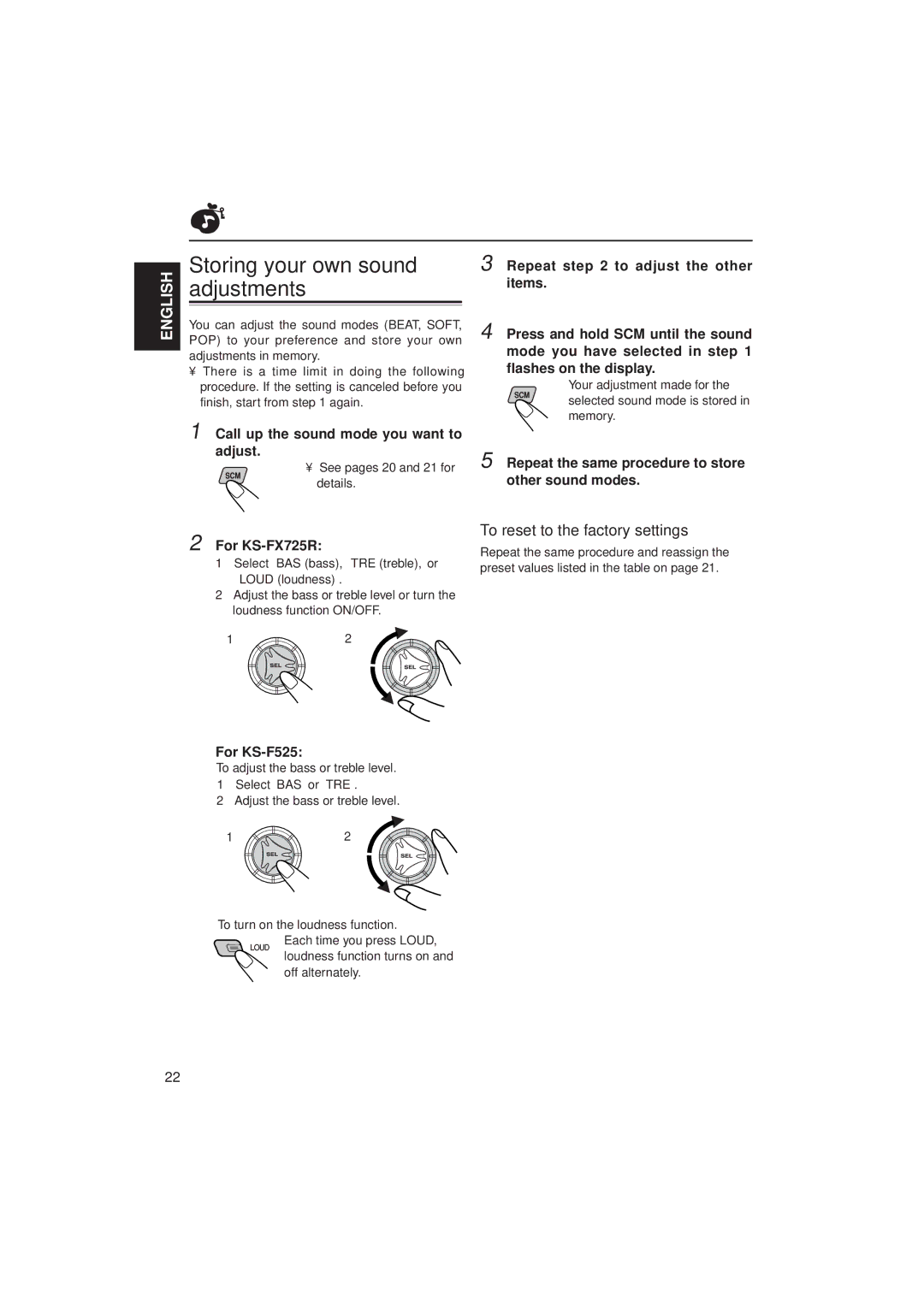 JVC KS-FX725R, KS-F525 manual Storing your own sound adjustments, To reset to the factory settings 