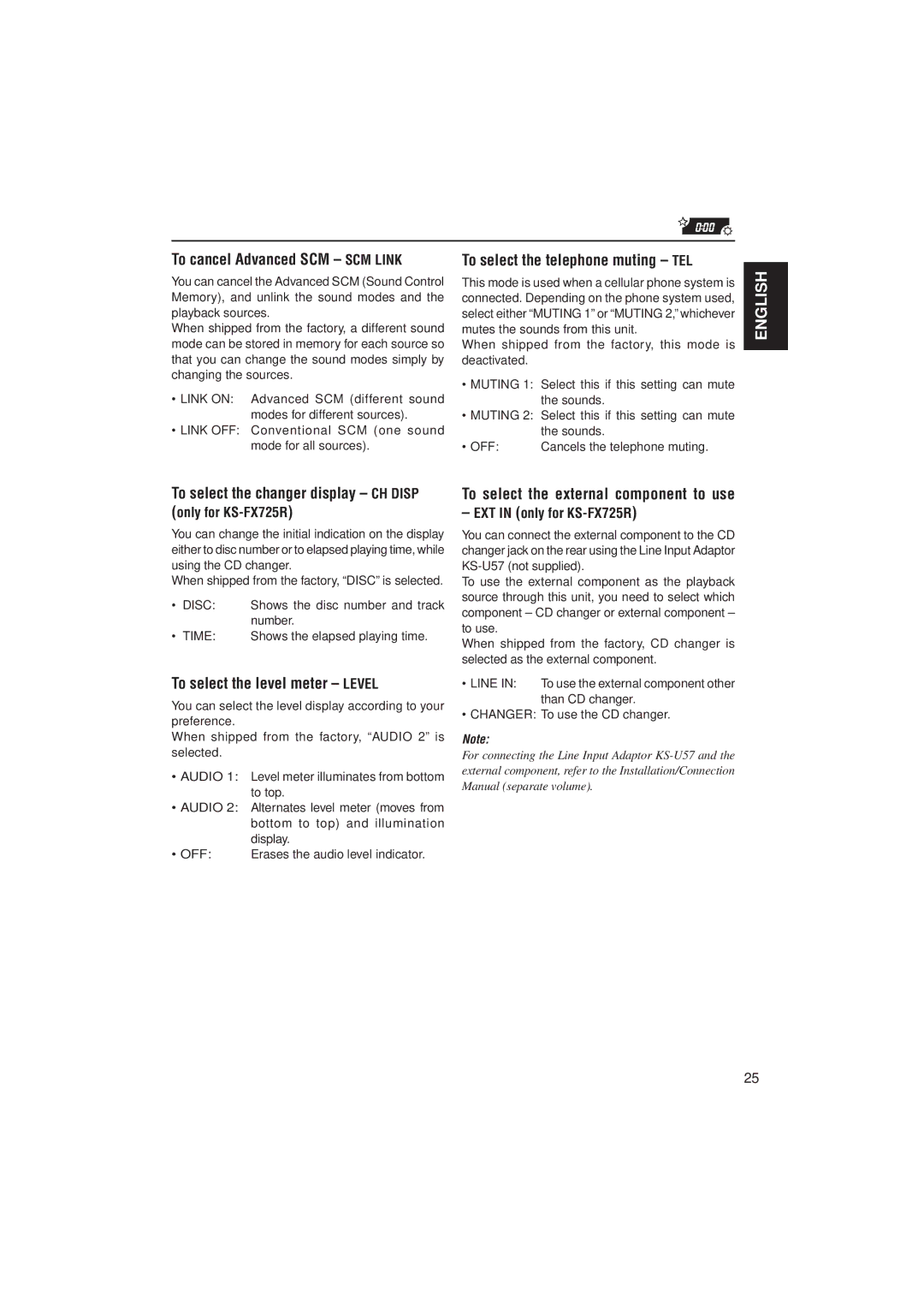 JVC KS-F525 manual To cancel Advanced SCM SCM Link, To select the telephone muting TEL, To select the level meter Level 