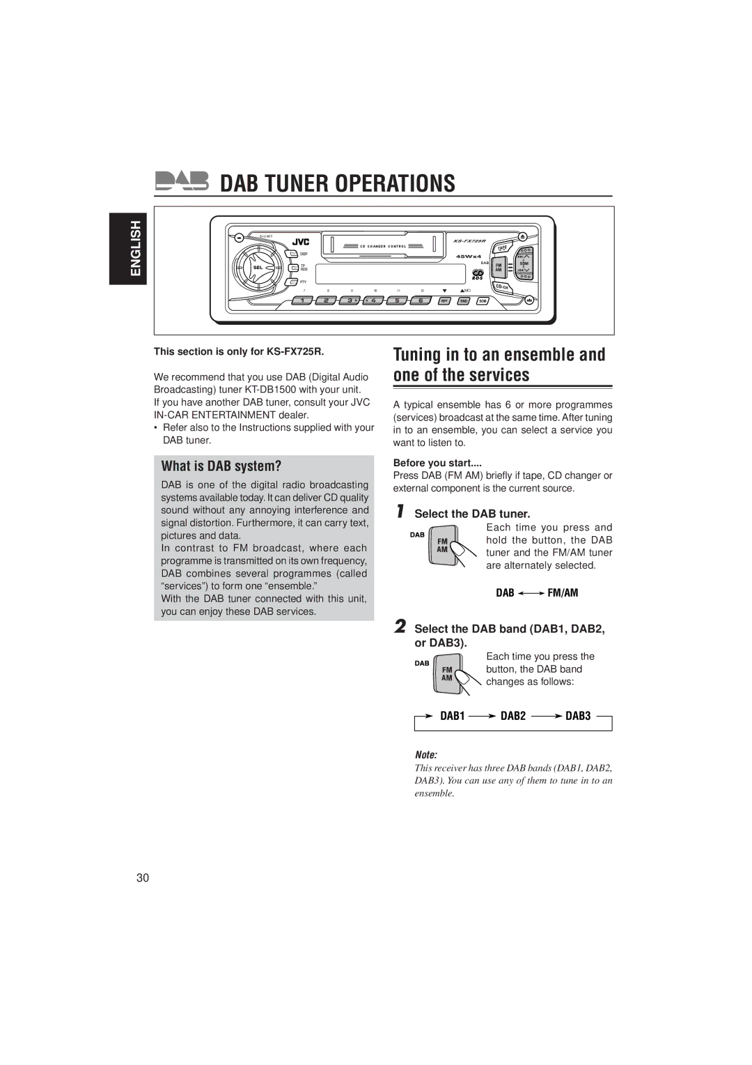 JVC KS-FX725R DAB Tuner Operations, What is DAB system?, Select the DAB tuner, Select the DAB band DAB1, DAB2, or DAB3 