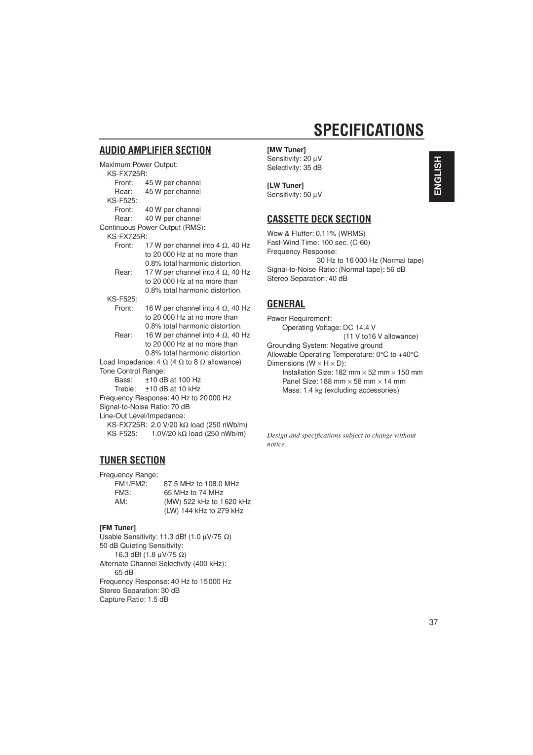 JVC KS-F525, KS-FX725R manual Specifications, MW Tuner, LW Tuner, FM Tuner 