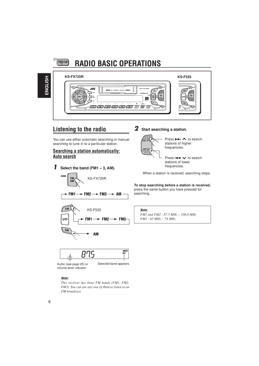 JVC KS-FX725R, KS-F525 manual Radio Basic Operations, Searching a station automatically Auto search 