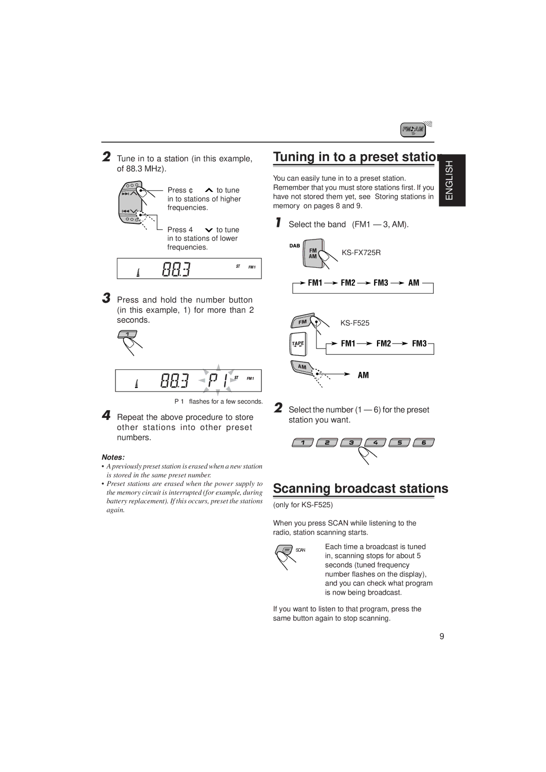 JVC KS-FX725R manual Scanning broadcast stations, Tune in to a station in this example, of 88.3 MHz, Only for KS-F525 