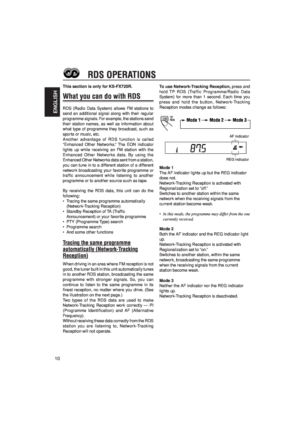 JVC KS-F525 manual Rds Operations, What you can do with RDS, English, This section is only for KS-FX725R, Mode 