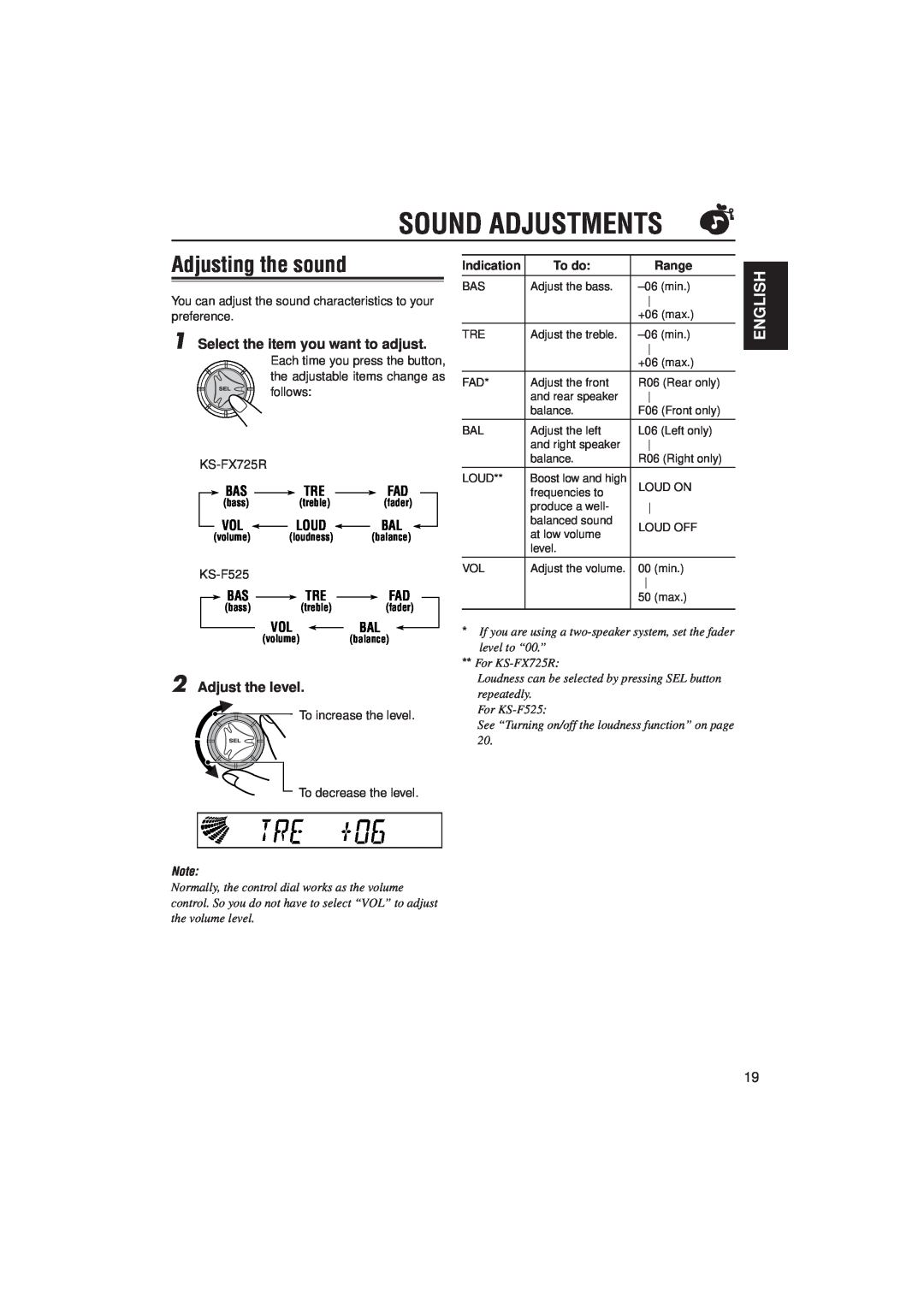 JVC KS-F525 Sound Adjustments, Adjusting the sound, English, Select the item you want to adjust, Adjust the level, To do 