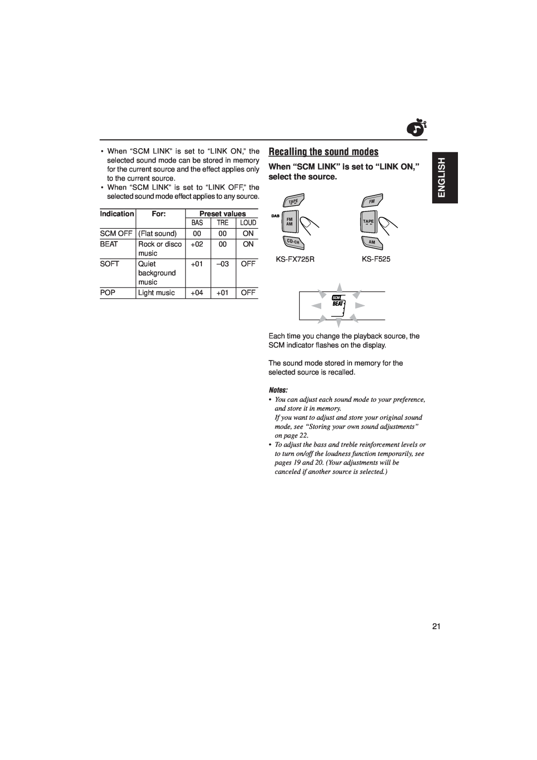JVC KS-F525, KS-FX725R manual Recalling the sound modes, English, Indication, Preset values 