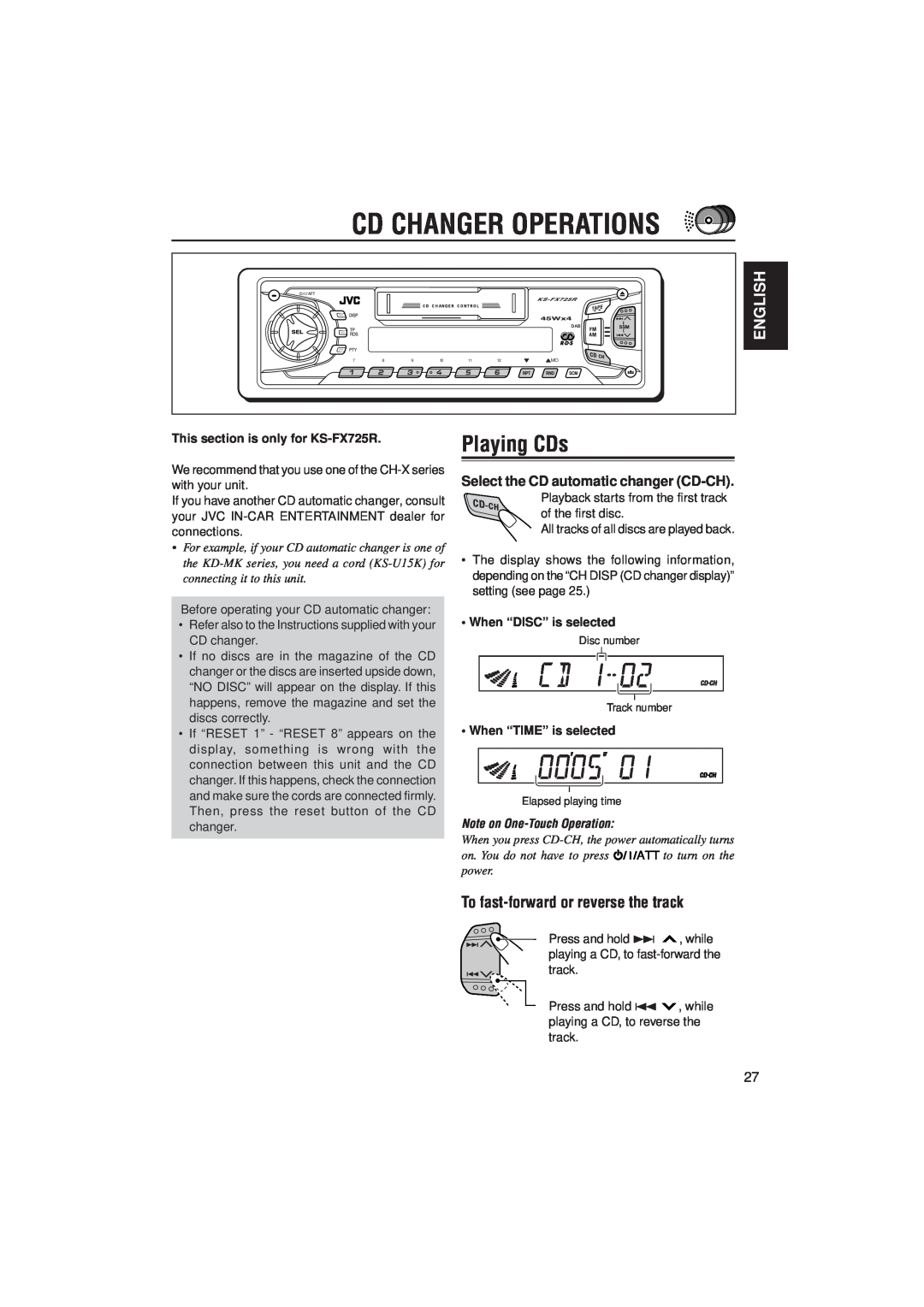 JVC KS-F525 Cd Changer Operations, Playing CDs, English, Select the CD automatic changer CD-CH, When “DISC” is selected 