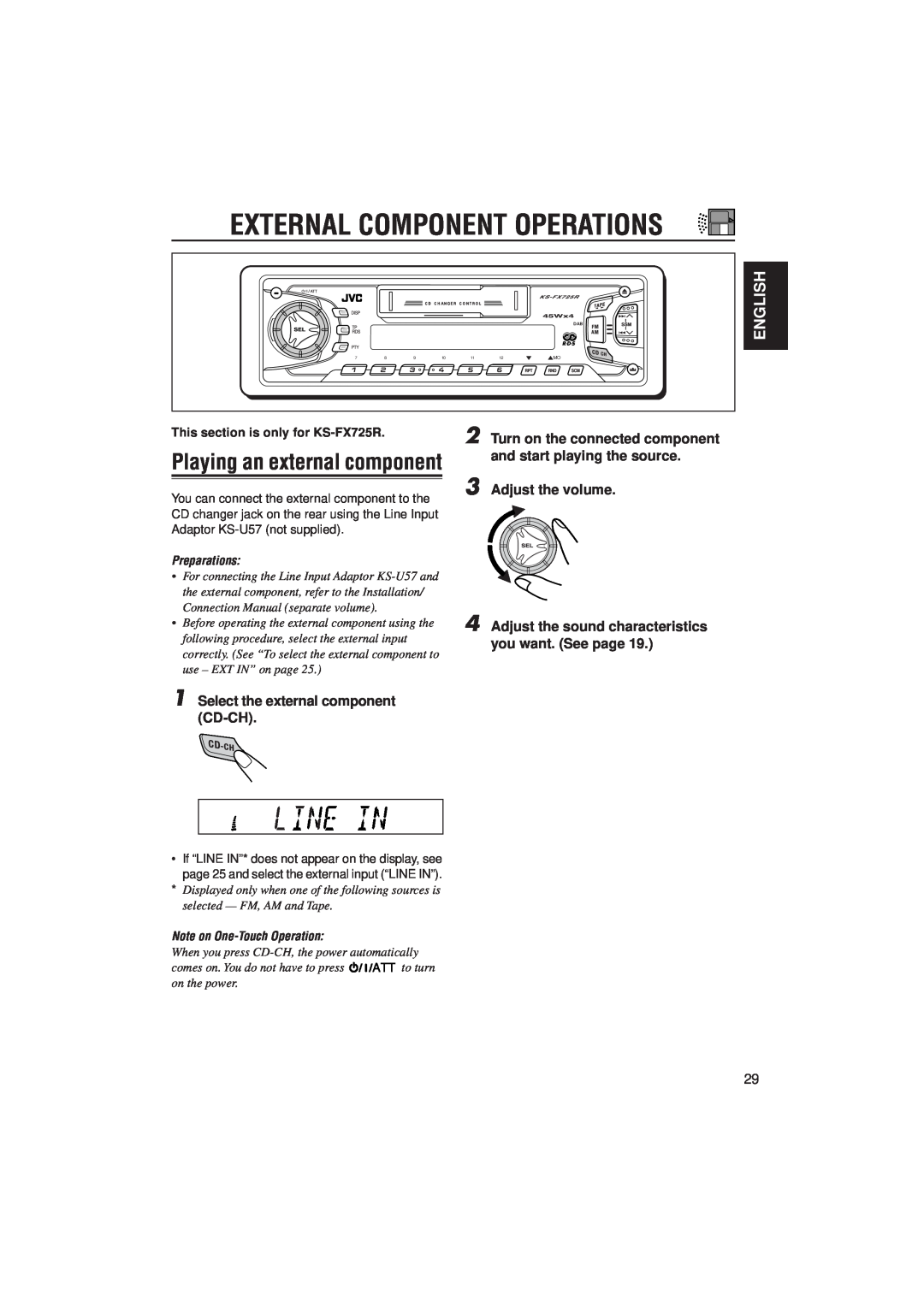 JVC KS-F525 manual Playing an external component, External Component Operations, English, Adjust the volume, Preparations 