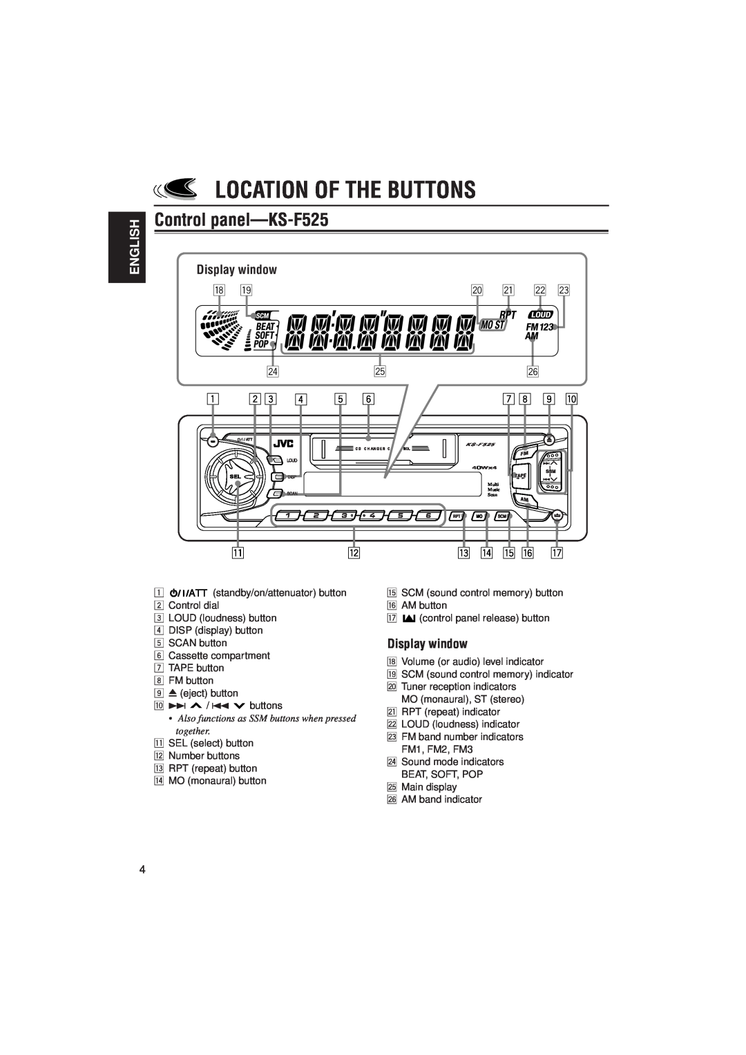 JVC KS-FX725R manual Control panel-KS-F525, Location Of The Buttons, English 