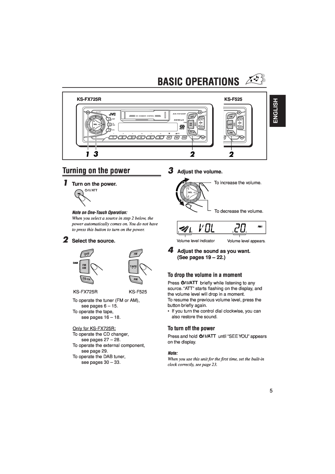 JVC KS-F525 manual Basic Operations, Turning on the power, English, Adjust the volume, Turn on the power, Select the source 