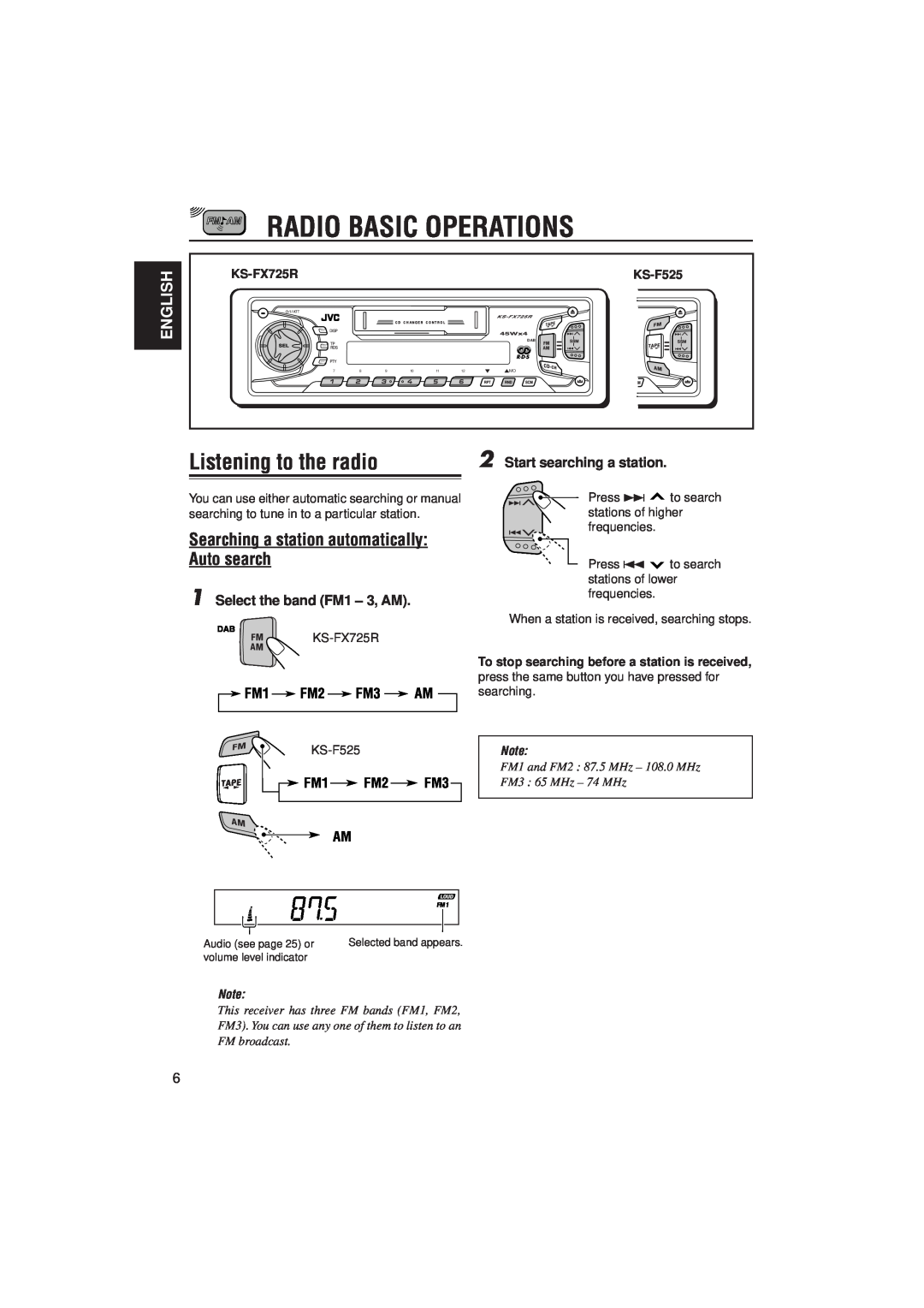 JVC KS-FX725R Radio Basic Operations, Listening to the radio, Searching a station automatically Auto search, English, Disp 