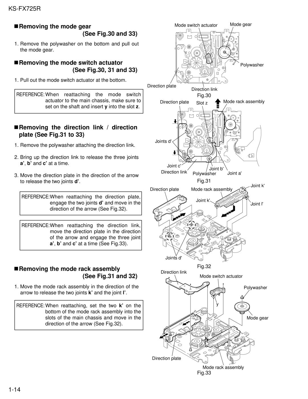 JVC KS-FX725R Removing the mode gear See, Removing the mode switch actuator See , 31, Removing the mode rack assembly See 