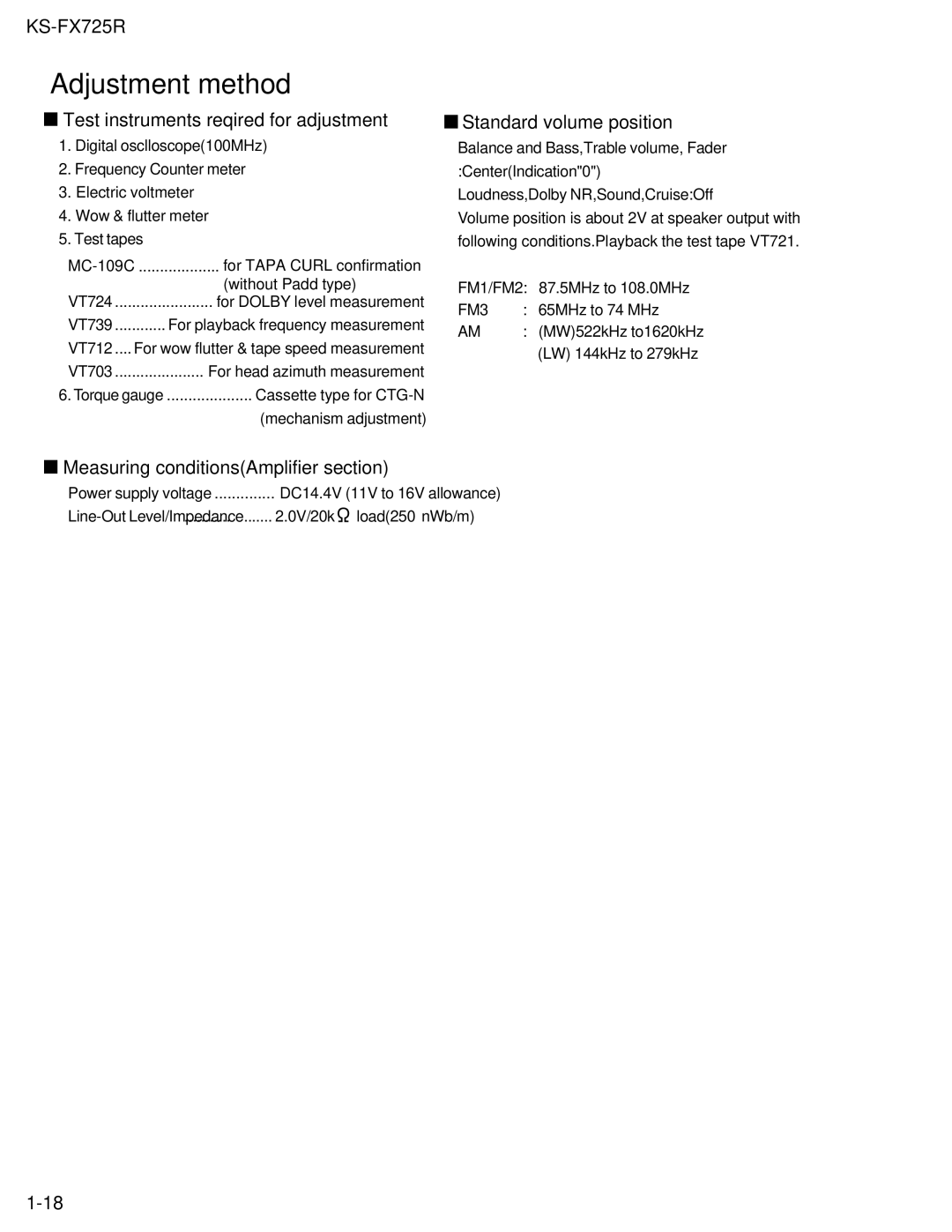 JVC KS-FX725R service manual Adjustment method, Test instruments reqired for adjustment, Standard volume position 