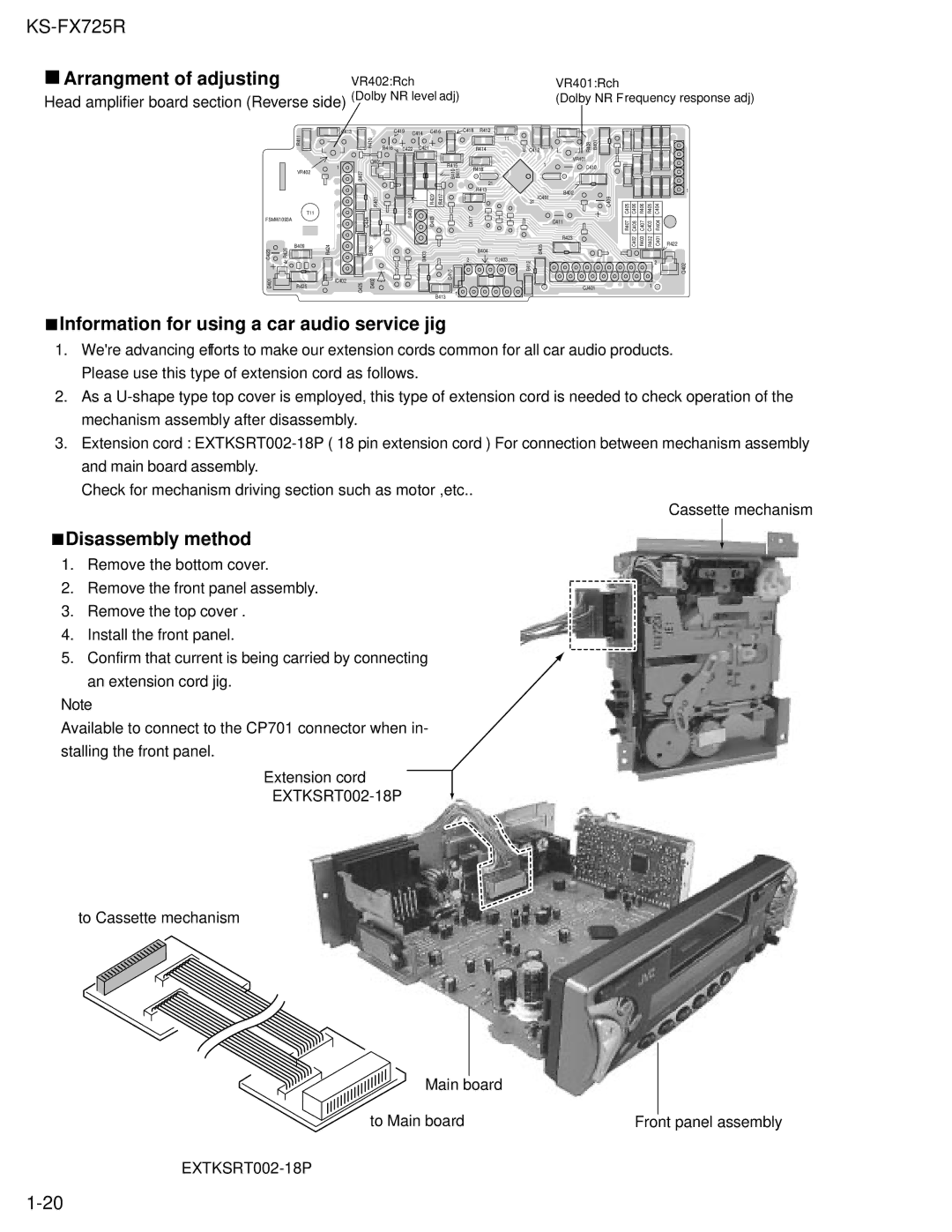 JVC KS-FX725R service manual Arrangment of adjusting, Information for using a car audio service jig, Disassembly method 