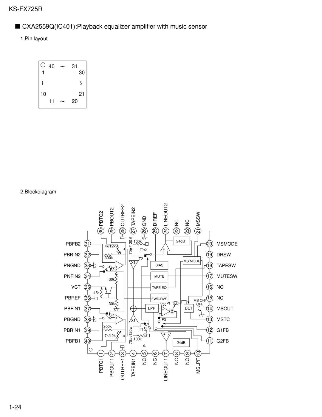 JVC KS-FX725R service manual CXA2559QIC401Playback equalizer amplifier with music sensor, Pin layout 1021 Blockdiagram 