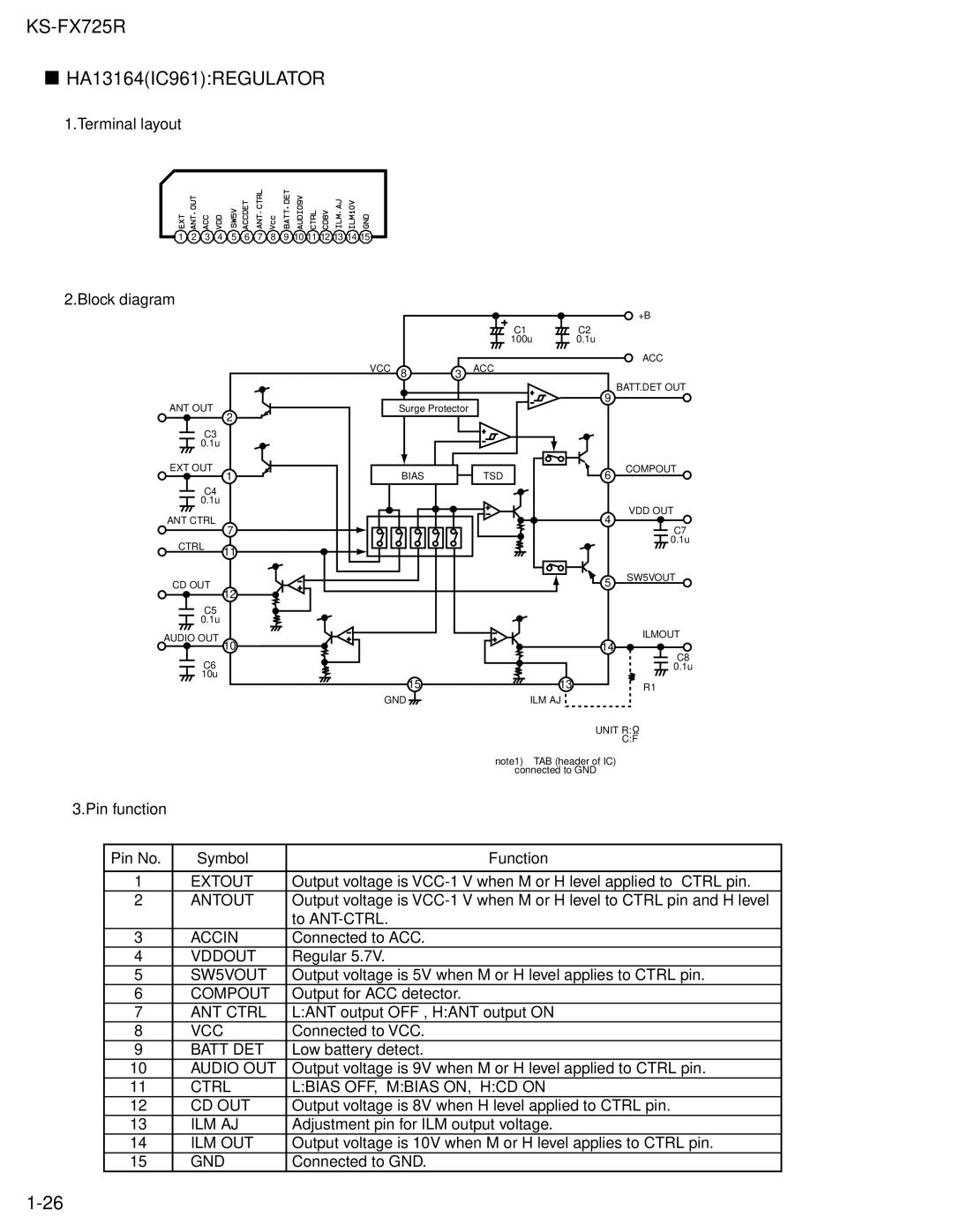 JVC KS-FX725R service manual HA13164IC961REGULATOR, Block diagram 