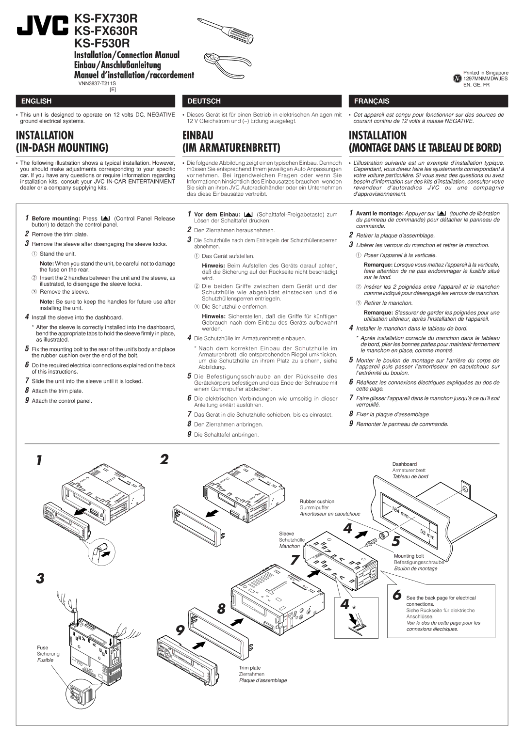 JVC KS-F530R, KS-FX730R, KS-FX630R manual Einbau IM Armaturenbrett, Installation 