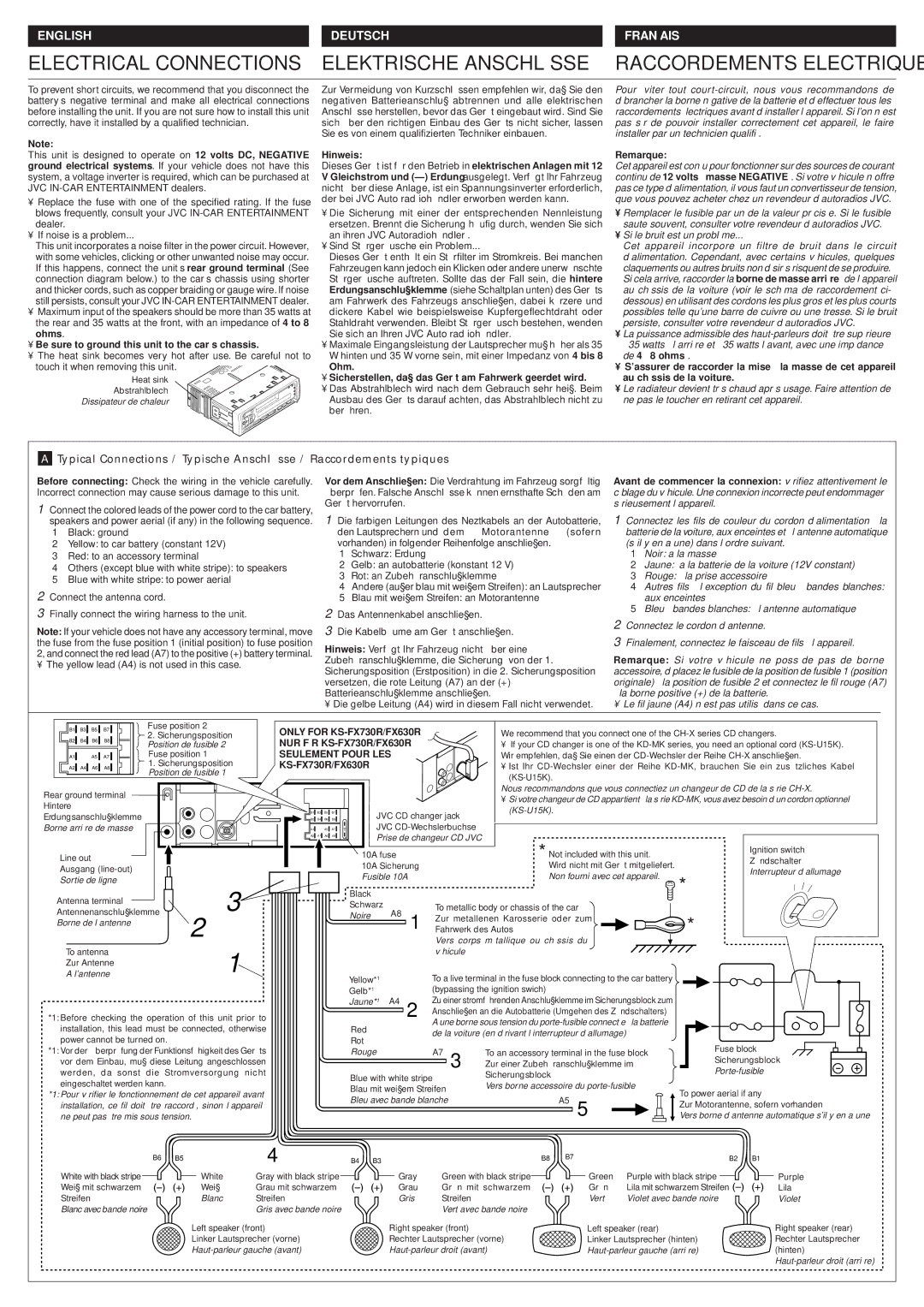 JVC KS-FX730R, KS-F530R, KS-FX630R manual Electrical Connections, Elektrische Anschlüsse 