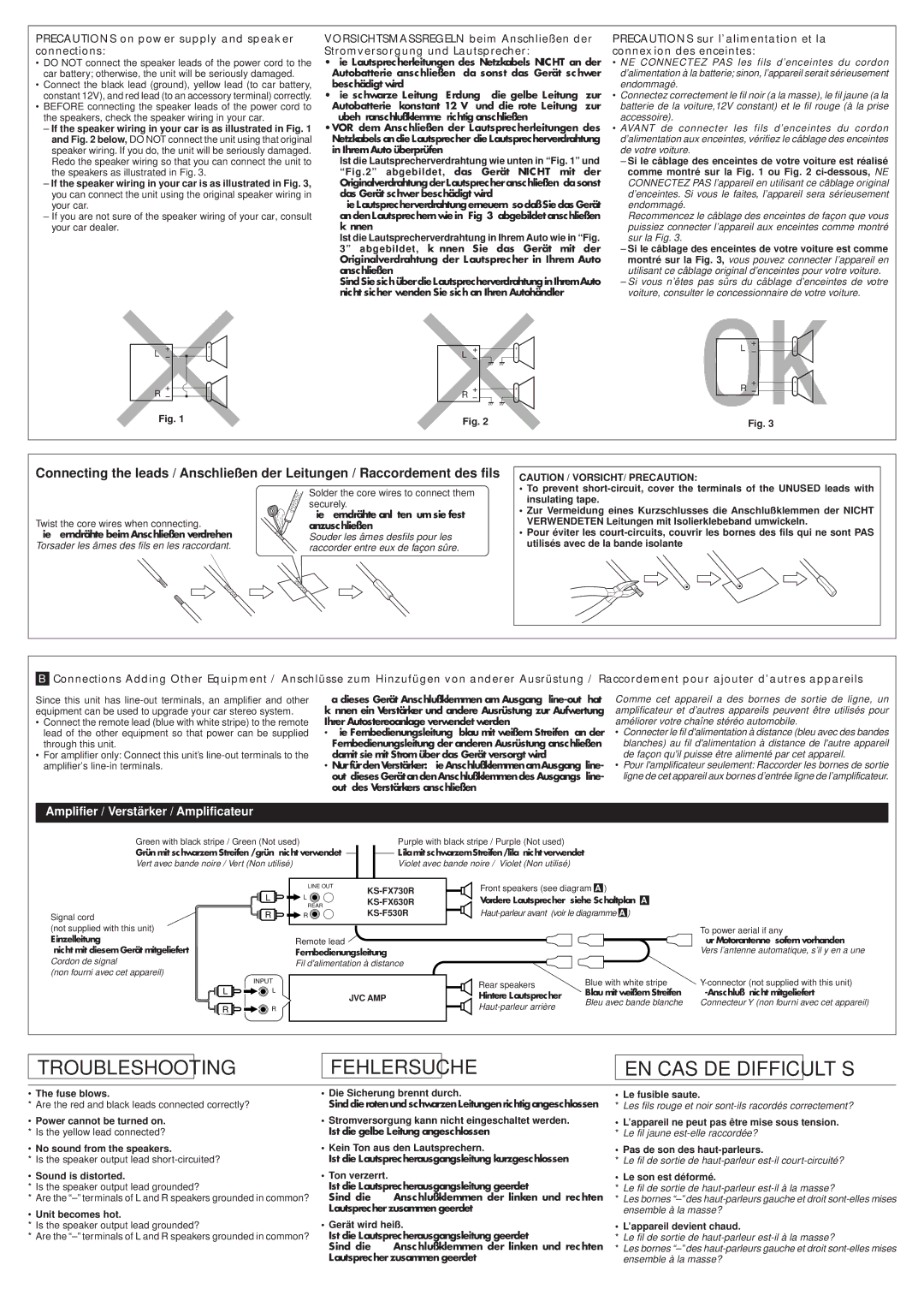 JVC KS-F530R manual Troubleshooting Fehlersuche EN CAS DE Difficultés, Precautions on power supply and speaker connections 