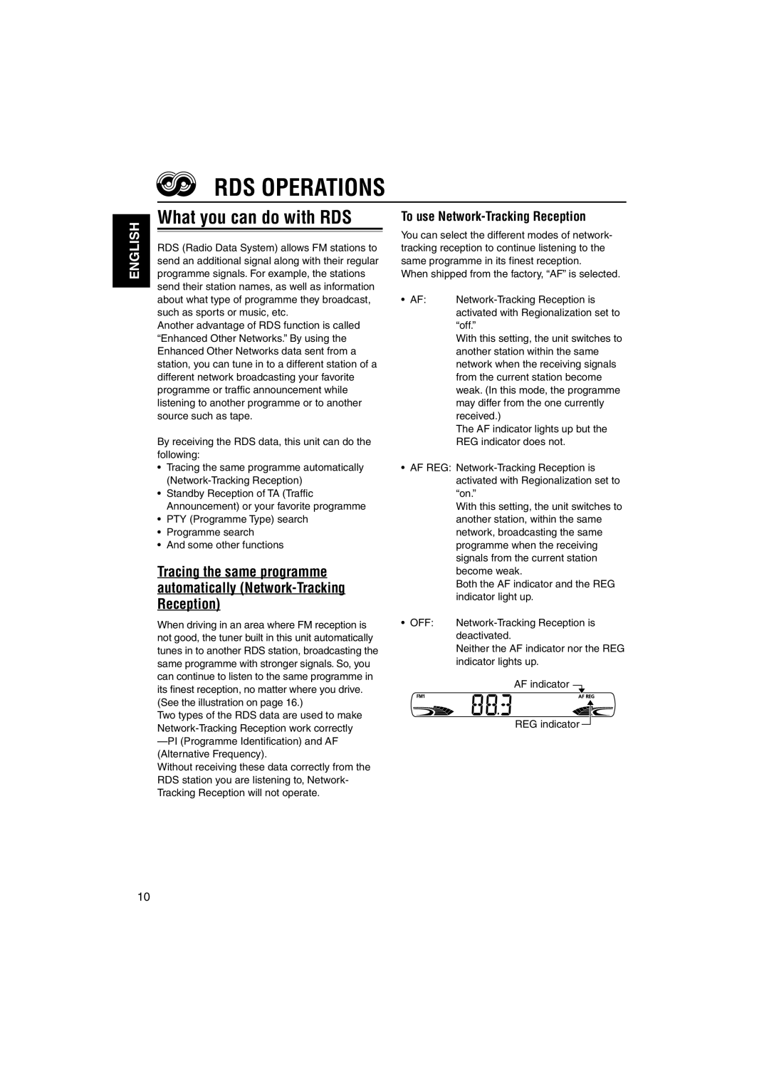 JVC KS-FX742R manual RDS Operations, What you can do with RDS, To use Network-Tracking Reception 