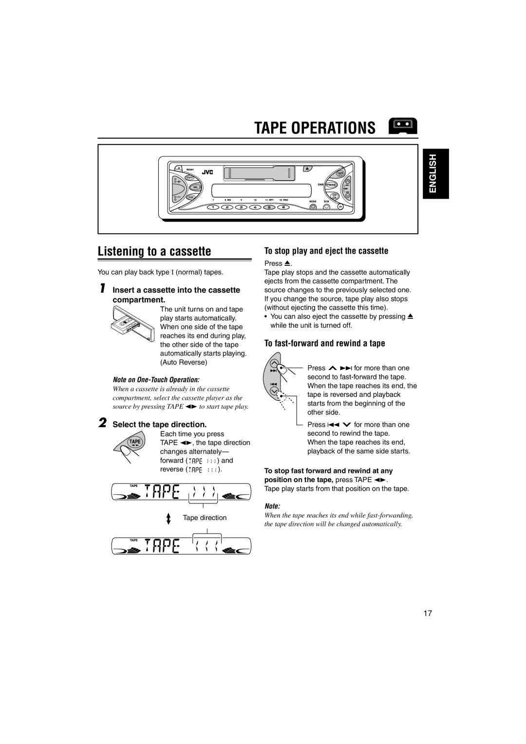 JVC KS-FX742R manual Tape Operations, Listening to a cassette, To stop play and eject the cassette 