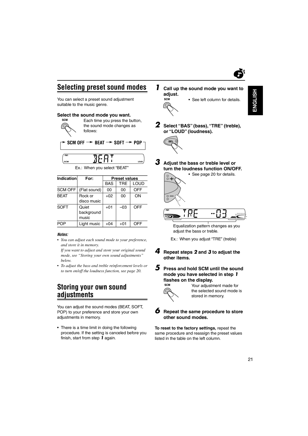 JVC KS-FX742R Storing your own sound adjustments, Select the sound mode you want, SCM OFF Beat Soft POP, For Preset values 