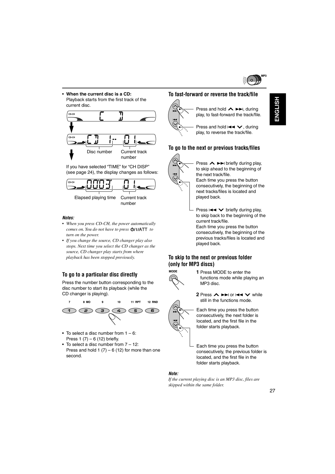 JVC KS-FX742R manual To fast-forward or reverse the track/file, To go to a particular disc directly 