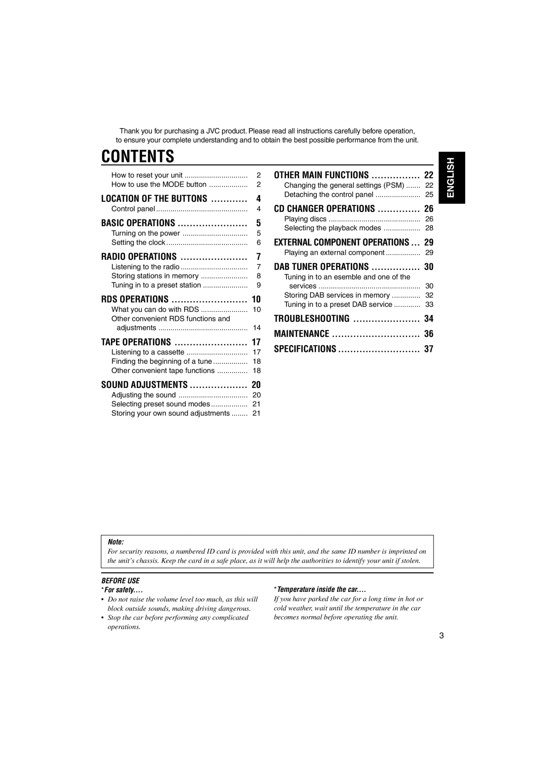 JVC KS-FX742R manual Contents 