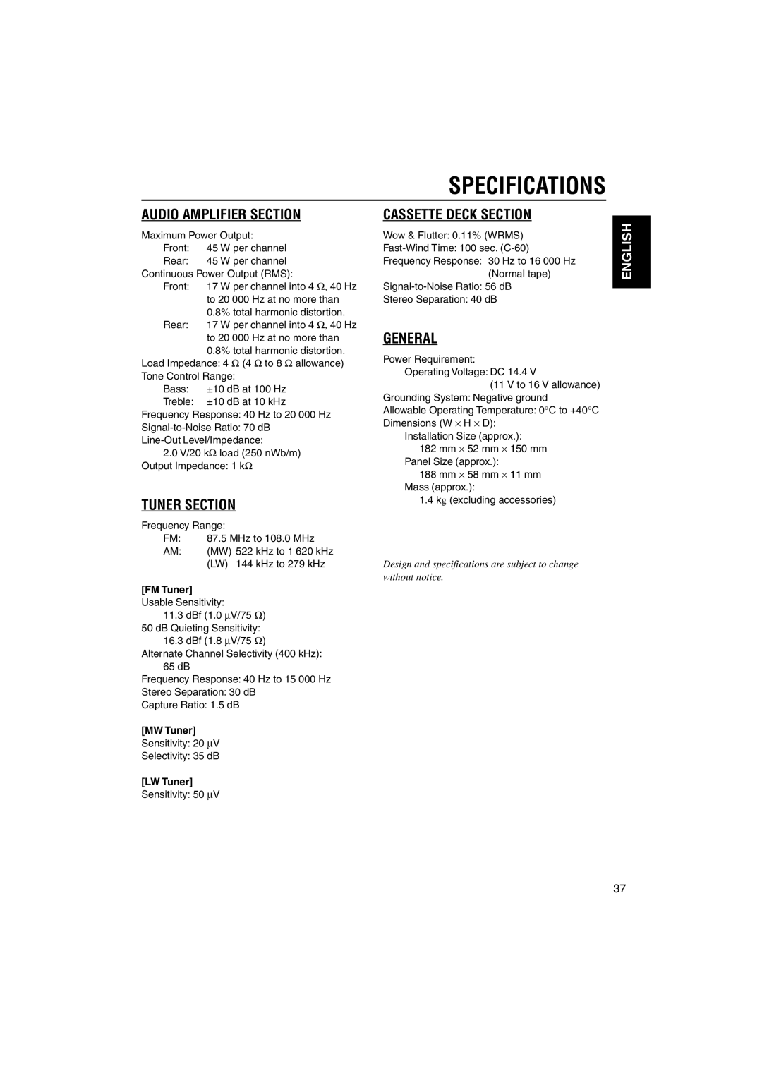 JVC KS-FX742R manual Specifications, FM Tuner, MW Tuner, LW Tuner 