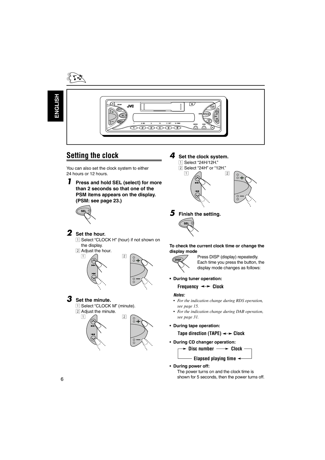 JVC KS-FX742R manual Setting the clock 