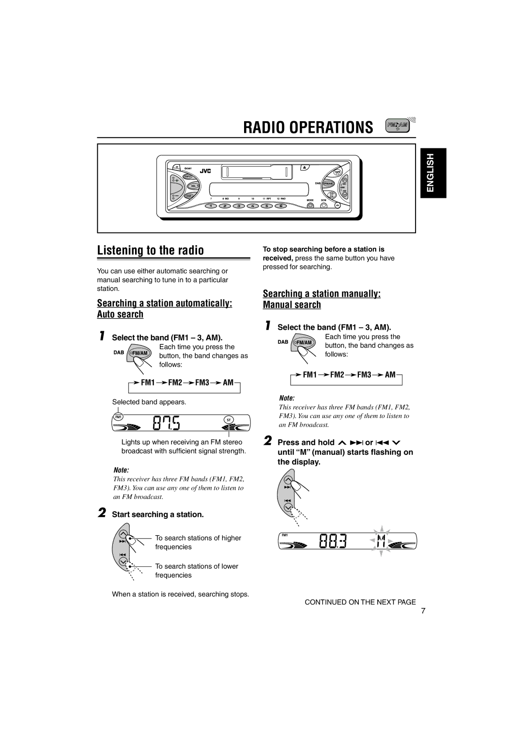 JVC KS-FX742R manual Radio Operations, Listening to the radio, Searching a station automatically Auto search 